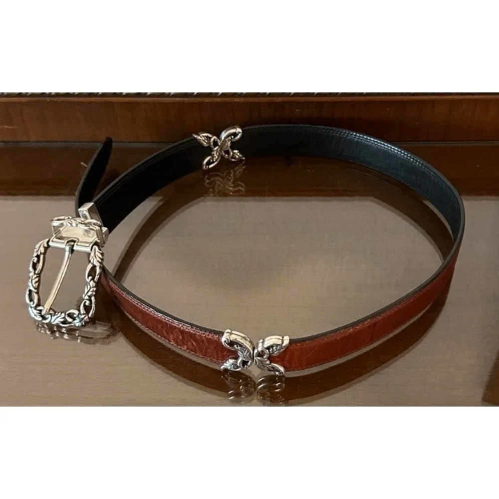 Vintage Women's Black Brown Twist Reversible‎ Belt Silver Buckle C4100 M Size 30